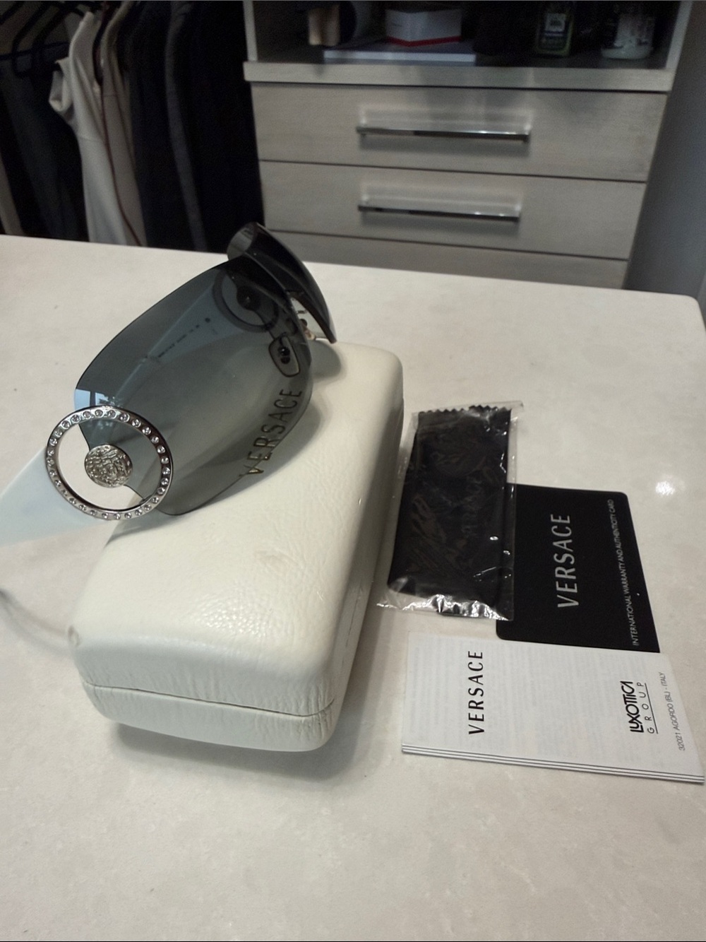 Versace Gray Shield Sunglasses with Crystal Medallion